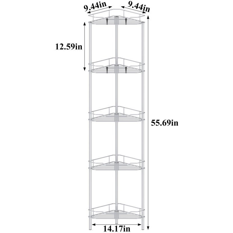 HuggieGems 5 Tier Floor Standing Corner Shower Caddy Organizer Shelf with Hooks, Bathroom Shelves Stand Rack, Silver - Image 4
